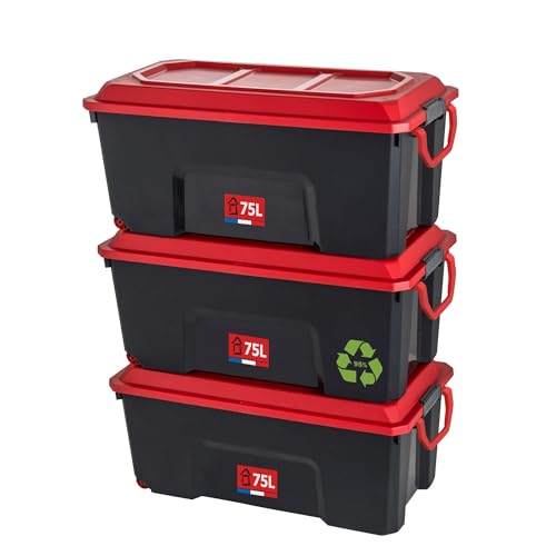SUNDIS Locker, boite de rangement avec couvercle, en plastique recyclé, lot de 3, 75l, superposable et empilable, idéale pour l'atelier, le transport, le...