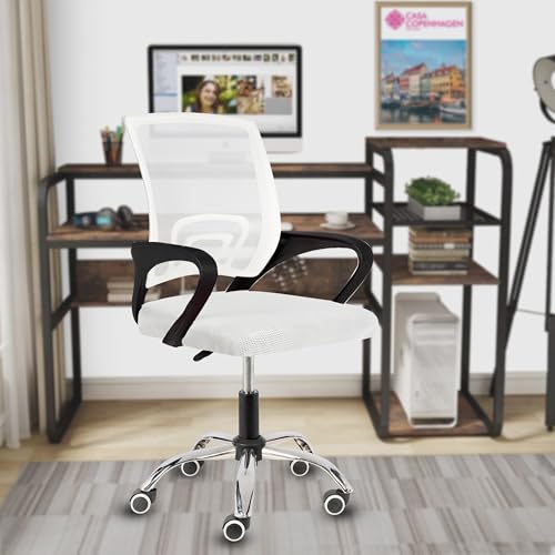 Image of Casa Copenhagen Mesh Mid Back Office /Study /Computer /Revolving /Desk Chair for Work from Home -Metal Base, Height Adjustable Seat- Snow White & Black Handle
