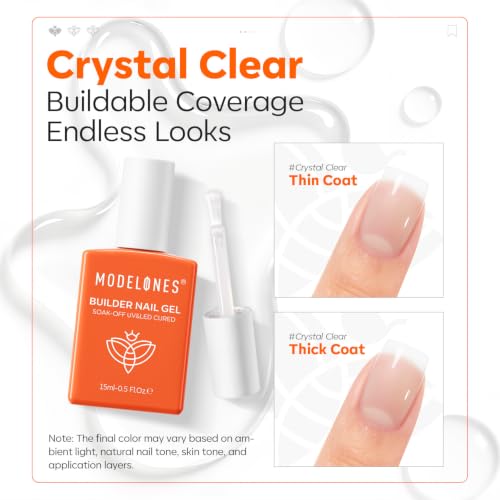 Image of modelones Builder Nail Gel, Clear Builder for Nails, Color Rubber Base Gel Polish U V /LED Cured for Natural Overlay, Apex Building, Short Extension, Self-Leveling Beginner DIY Home Salon Gifts