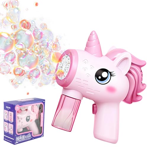 Pistola de Burbujas, Fancysky Maquina Burbujas NiñOs, con 150 Ml de Agua de Burbujas, MáQuina de Burbujas con Luz, para Fiestas, Parques, Viajes, Pistola de Pompas AutomáTica (Caballo Rosa)