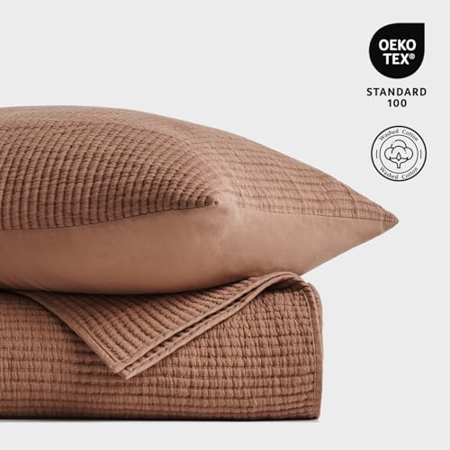 Image of EVERGRACEHOME Cotton Coverlet Set Full Queen Size 3 Pieces, Lightweight Soft Ribbed Matelasse Bedspread Quilt Set, Cozy Oversized Quilted Bedding Set with 2 Pillow Shams for All Seasons, Clay