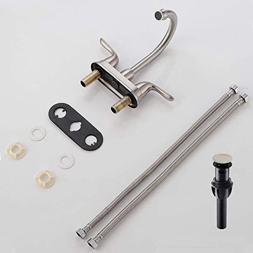 Shaco Brushed Nickel Bathroom Faucet, Lavatory Vanity Rv Camper Sink Faucet, 4 Inch Centerset Bathroom Faucets For Sink 3 Hole Or 2 Hole With Pop Up Sink Drain And Water Supply Hoses #TOP5