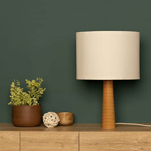 Dezaart Mid-Century Modern Wood Table Lamp (10”) – Hand-Carved Massif Beech Wood Stand/White Lamp Shade / E14 Light – Lighting For Living Room, Bedroom & Hallway #TOP1