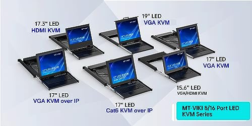 MT-VIKI Rack Mount KVM, 8 Port KVM VGA Switch w/15.6\'\' LCD Monitor, 1080P, Mount into 23.6-31.5\'\' deep Server Cabinet, Integrated Touchpad+Keyboard+8 KVM Cables