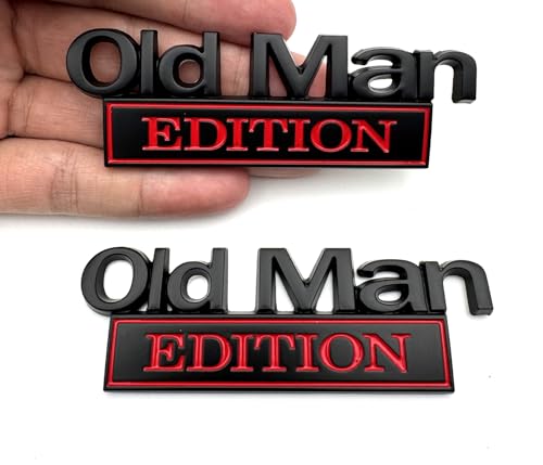 Image of 2pcs Metal Old Man Edition Emblem 3D Badge Fit for Universal Car Truck SUV Side Rear Front Hood Trunk Door Decal Sticker (Black Red)