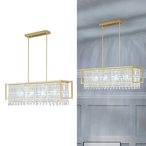 Image of LMQNINE Modern Rectangle Chandelier for Dining Room, Gold Crystal Chandelier Linear Light Fixture, Farmhouse Chandeliers for Kitchen Island, Bar Table, L35.43'' x W11.81'' x H9.84''
