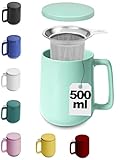 Teetasse mit Sieb und Deckel - Keramik Türkis - Hält Lange warm - 500ml XXL Groß - Spülmaschinenfest