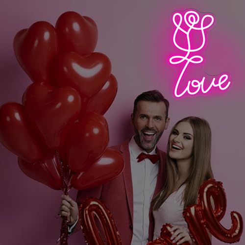 Image of Love Neon Sign, Rose Flower LED Light，For Lovers Gift Photography Background Light Engagement Party Gift Nightlight Love and Rose, Wedding Decoration, 15.7 inchx11.4 inch