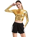FENICAL Womens PVC Leather Metallic Top Long Sleeve Turtleneck Crop Top (Golden) - Size S