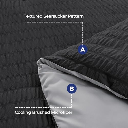 Image of HYMOKEGE Black /Light Grey King Size Comforter Set Seersucker 7 Pieces, All Season Luxury Bed in a Bag for Bedroom, Bedding Set with Comforter, Sheets, Pillowcases & Shams