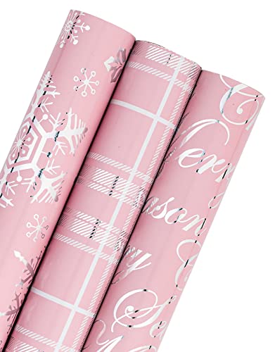 RUSPEPA Lot de 3 rouleaux de papier cadeau de Noël – 43,2 cm x 305 m par rouleau – Rose avec feuille métallique argentée flocon de neige, carreaux, inscription « Merry Christmas »