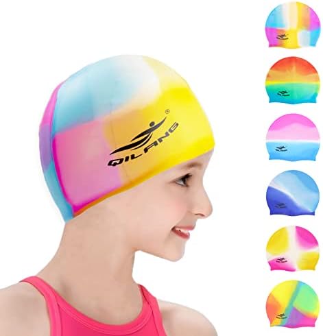 Swimming Caps for Kids, Elastic Silicone Swimming Hat Waterproof Swim Cap for Long Short Hair Girls Boys Kids Teens Children