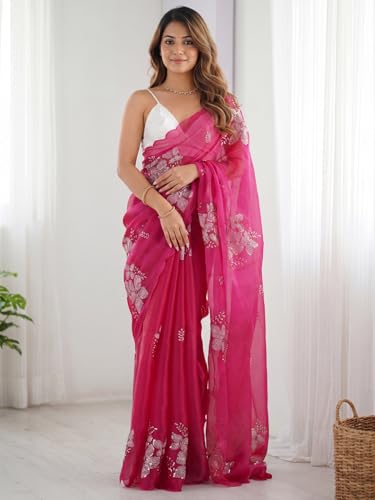 Image of AKHILAM Women's Shimmer Pure Georgette Embroidered Ready To Wear one Minute Saree With Unstitched Blouse Piece