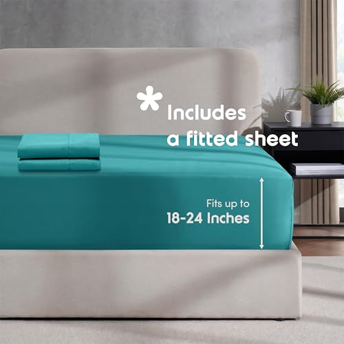 Image of Hearth & Harbor Teal Duvet Cover with Fitted Sheet Queen Size | 4 Piece Soft Double Brushed Bedding Set, Button Closure, 1 Duvet Cover 90x90 Inches, 1 Fitted Sheet, 2 Pillow Shams