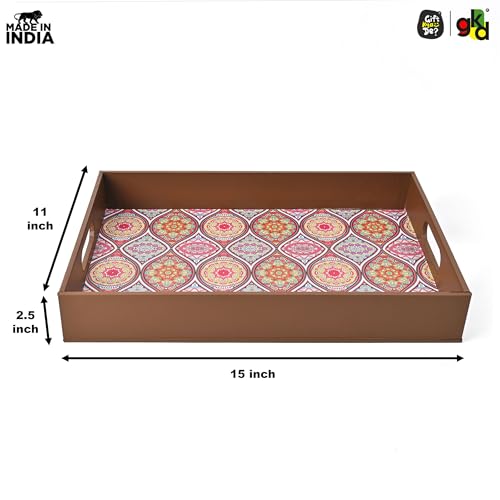 Image of GKD Wooden Serving Tray with Free 4 Coasters - 11x15 Inch Large Tea & Coffee Tray, Snack Tray Decorative MDF Trays for Home & Kitchen - Food Trays with Handles for Dining & Bar (Elegant Mandala)