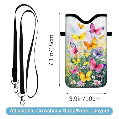 Image of Neoprene Cell Phone Sleeve Pouch Case Bag with Crossbody Strap Neck Lanyard for Women 7.1 X 3.9 in Flower Butterfly