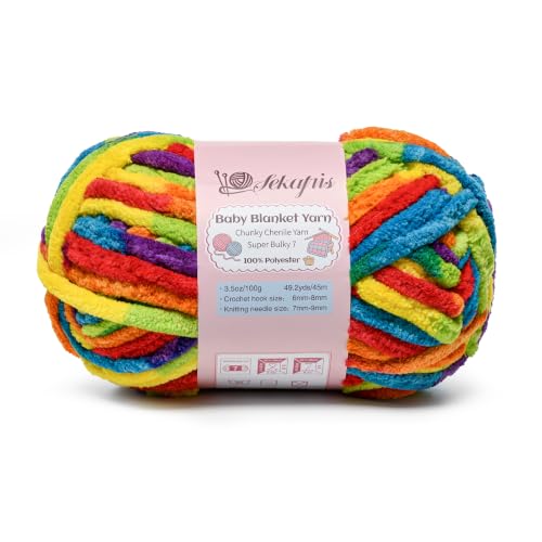 Image of 3.5 oz /49.2 yds Chunky Chenille Yarn for Crocheting, #7 Super Bulky Baby Blanket Yarn for Crocheting Soft, Fluffy Velvet Yarn for Knitting, Amigurumi Crochet Yarn for Crafts (Rainbow)