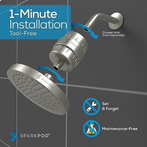 Image of SparkPod Filtered Shower Head, 23-Stage, 6 inch Round, Brushed Nickel | Showerhead for Hard Water, High Pressure, Reduces Chlorine, Heavy Metals, For Dry Skin & Hair, Removable Capsule Filter