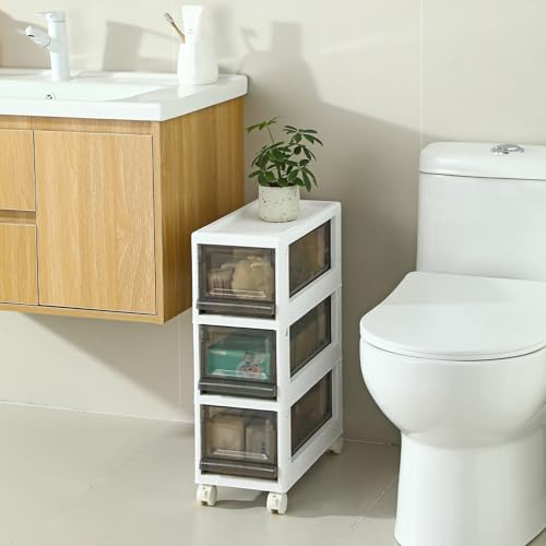 Sunamon Plastic 3 Drawer Storage Organizer Narrow Plastic Storage Drawers with Wheels Storage Cart with Drawers for Small and Narrow Space 7.87-inch Wide (gray)
