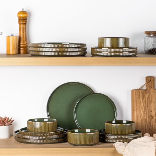GBHOME Stoneware Dinnerware Sets for 4, 12 Pieces Lightweight Ceramic Ribbed Plates and Bowls Set, Reactive Glaze Stackable Plate Sets, Scratch Resistant Dishes, Microwave & Dishwasher Safe,Sage Green by GBhome - Used condition - US$66.05