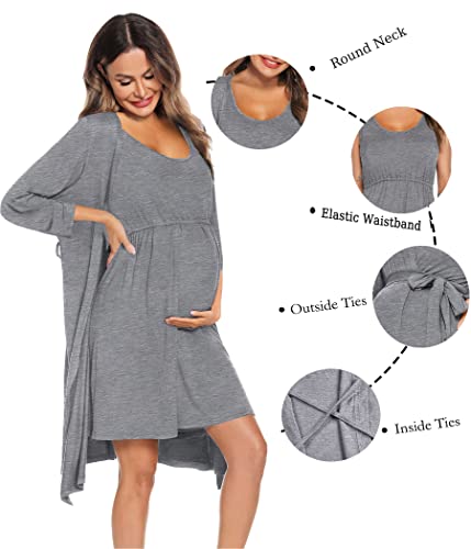 Swomog Womens Maternity Robe 2 Piece Lace Nursing Nightgown For Breastfeeding 3 In 1 Labor Delivery Pregnancy Pajamas Gown Grey #TOP2