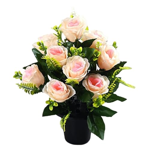 Flores de cementerio de rosas artificiales, 12 cabezas de flores de seda para tumba con maceta, decoración de lápida resistente a la intemperie de 15 pulgadas para lápidas y monumentos conmemorativos