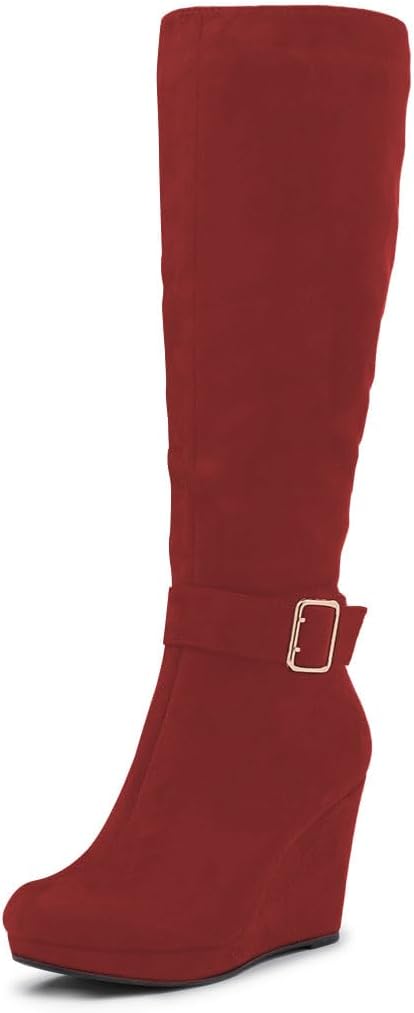 Zszszsu Women's Platform Wedge Heel Knee High Boot with Ankle Strap Classic Round Toe Wide Calf Boots Side Zipper Fall Winter Shoes Size 4-16 US