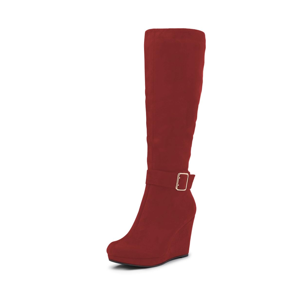 Zszszsu Womens Platform Wedge Heel Knee High Boot with Ankle Strap Classic Round Toe Wide Calf Boots Side