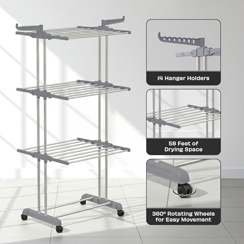 Image of ZOLMIX 3 Tier Stainless Steel Foldable Clothes Drying Stand Compact | Portable Cloth Dryer for Balcony /Indoor /Space Saving Cloth Hanger Stand with 24 Rods /Big Foldable Rack with Wheels (Grey)