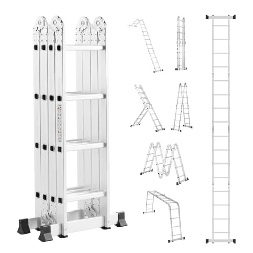 Egardenkart Multi-Purpose Foldable Ladder - 4x4 16 Steps | Aluminum Folding Ladder for Home Work and Outdoor Use | Portable and Adjustable Ladder Foldable with Grip (4x4-4.7mtrs Silver)