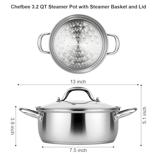 Chefbee Stainless Steel Steamer Pot - 3.2QT Steamer for Cooking with Food Basket, Steaming Cooking Pot Kitchen Cookware for Vegetable, Food, Dumplings, Soup