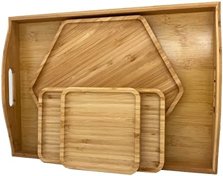 PAFREWOG Bamboo Serving Trays Dinner Plates Cheese Cutting Board 16.5"x11.8"（42x30cm with Handle, Set Includes 1xHexagon 12.5"(32cm)+1xRectangle 9.8"(25cm)*5.9"(15cm)+1xSquare 5.9"(15cm)