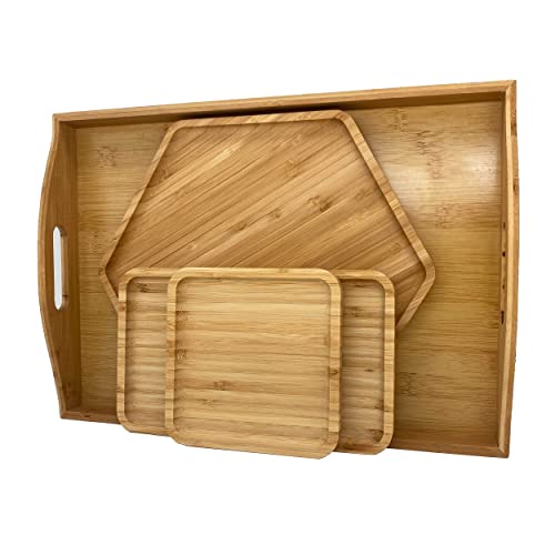 Pafrewog Bamboo Serving Trays Dinner Plates Cheese Cutting Board 16.5"X11.8"（42X30Cm With Handle, Set Includes 1Xhexagon 12.5"(32Cm)+1Xrectangle 9.8"(25Cm)*5.9"(15Cm)+1Xsquare 5.9"(15Cm) #TOP3