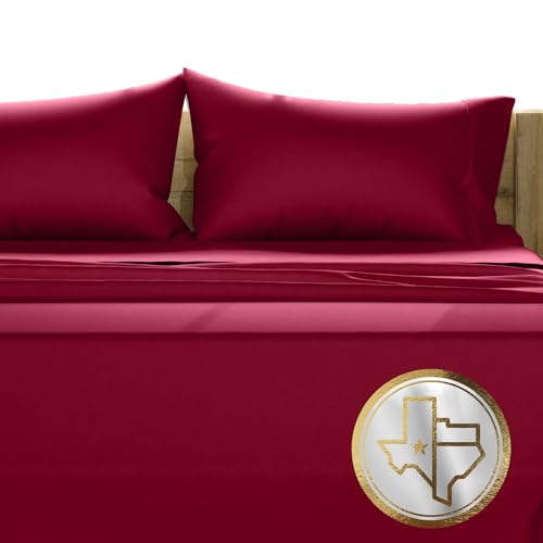 Image of TEXAS LINEN CO. 100% Egyptian Cotton Sheets Queen Size - Luxury 1000 Series Lonestar Lovin' Collection Bed Sheets Queen Size Set (4 PC, Burgundy), Cooling, 16 inch Deep Pocket, Sateen Weave Hotel Sheets