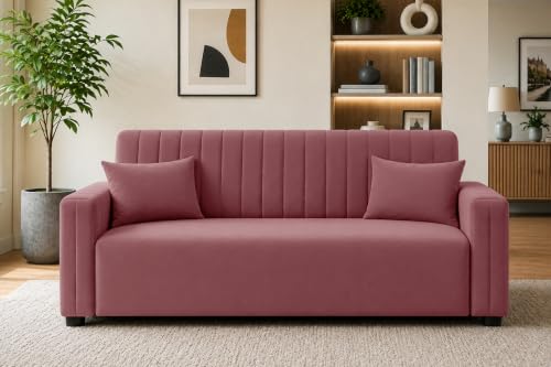 Image of Modern 3 Seater Sofa | Vertical Channel Tufted Backrest & Armrests | Plush Cushioned Seating | Contemporary Upholstered Couch for Living Room, Bedroom & Office - Rose Pink Color