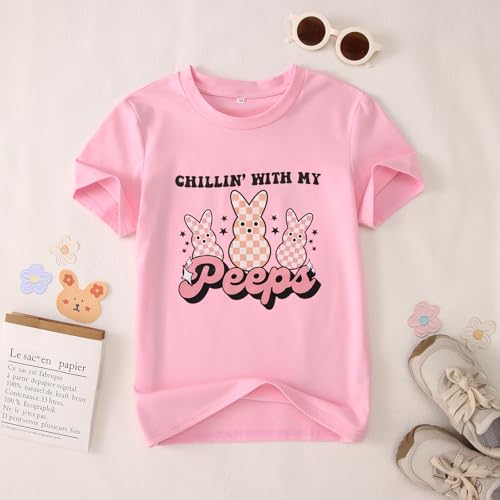 CM C&M WODRO Kid Girl Easter Bunny T-Shirt Chillin' with My Peeps Shirt Short Sleeve Funny Happy Easter Graphic Tees Tops4