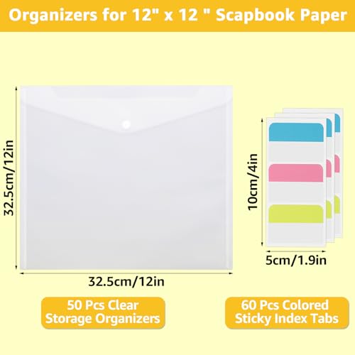 Image of WOPPLXY 50 Pcs Scrapbook Paper Storage with Buckle Design, 12 x 12 Inch Clear Scrapbook Paper Organizer with 60 Pcs Sticky Index Tabs for Holding Scrapbook Paper, Vinyl Paper, Photos, Clear, Cardstock