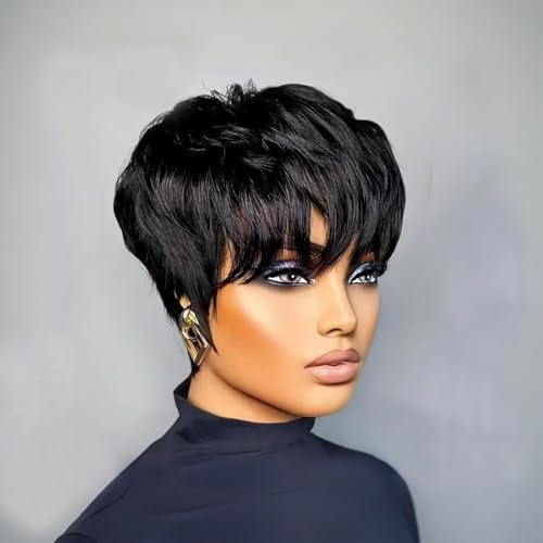 RUISENNA Short Pixie Cut Wig for Black Women Pixie Cut Wig Human Hair Black 1B Short Wigs for Women Soft Glueless Layered Wigs with Bangs Full Machine Made Easy to Throw on and go