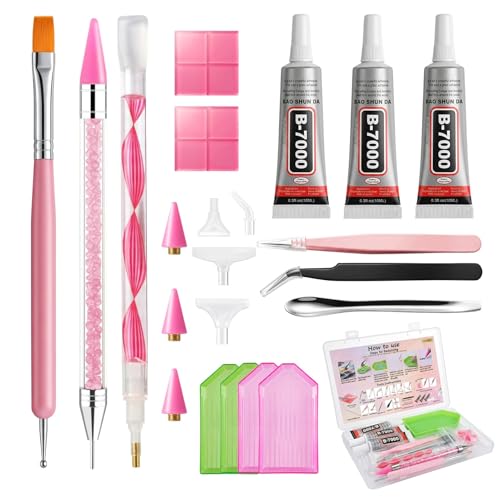 OCARDI 30Pcs Rhinestone Picker Tools for Bedazzling Kit -B7000 Jewellery Glue for Crafts 9-in-1 System with 3 Picker Pens&9 Interchangeable Tips Trays Tweezers&Clay All-in-One Diamond Art Painting Set