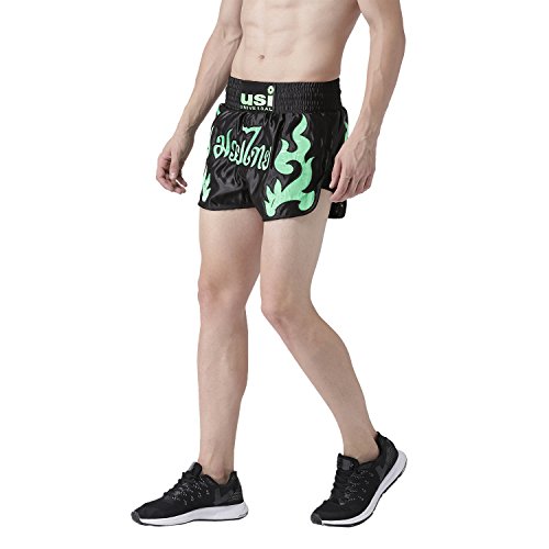 Image of USI Universal Muay Thai Shorts for Men Women, 410NG Boxing Kickboxing MMA Fight Clothing Training Workout Trunks (in, Alpha, S, Regular, Black /Green)