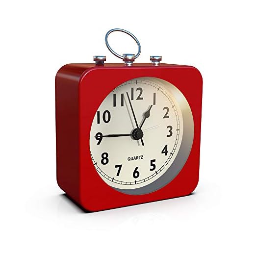 AYRELY® Battery Operated Alarm Clock with Square Metal Case,No Ticking Analog Quartz, Simple Operation for Bedroom/Travel/Desk/Kids(Red)