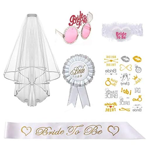 Bride to be Decoration Set for Hen Night Party, Sash, Veil, Sunglasses, Badge, Tattoos, Garter, Hen Do Accessories for Bridal Shower, Bachelorette Party