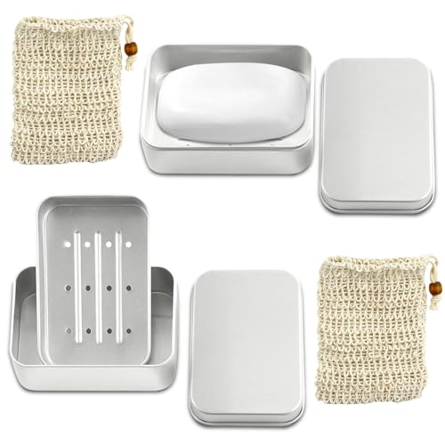 2 Pack Boîte à Savon en Aluminium, Porte Savon avec Bac D'égouttage, Sac à Savon en Sisal, Boite Metal, Porte Savon Voyage, pour Salle De Bain, Voyages