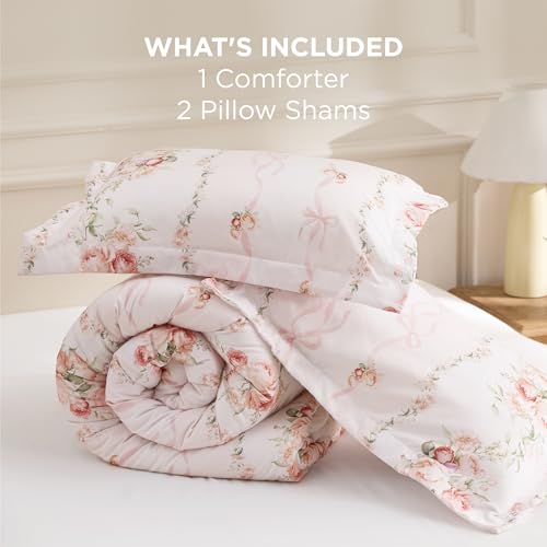 Image of Bedsure Comforter Set King Size - Cute Floral Bedding Comforter Set, 3 Pieces, 1 Soft Reversible Pink Dogwood Garden Flowers Comforter and 2 Pillow Shams