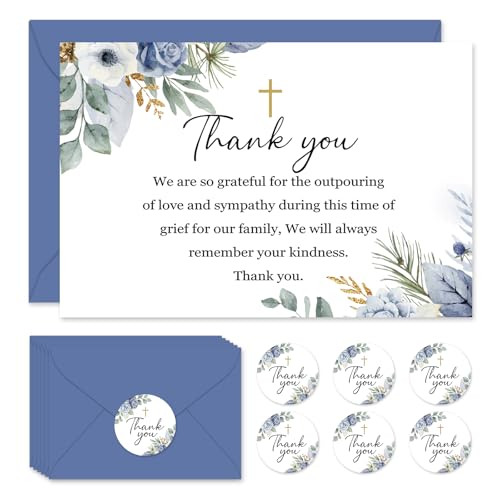 Cartes de deuil à fleurs bleues pour célébration de la vie et deuil lot de 24