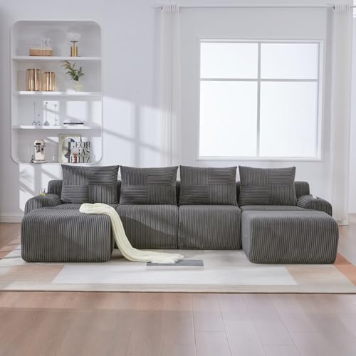 EURHCIO Canapé d'angle en U Salon,4 Places,Canapé Panoramique Modulable avec 4 Coussins et 2 Poufs,avec Porte-gobelets et Poches latérales,Tissu Velours...