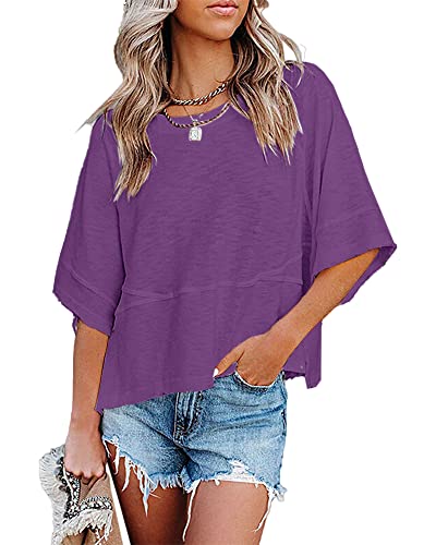 Sovelen Women's Summer Casual Crewneck Batwing Half Sleeve T-Shirts Solid Color Loose Fit Cute Basic Flowy Tops Tees Blouses Violet