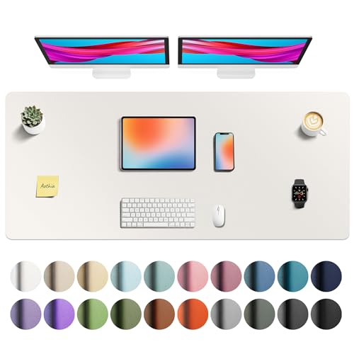 Image of Aothia Faux Leather Desk Mat - Non-Slip PU Leather Desk Blotter, Waterproof Writing Surface, Large Desk Pad for Office & Home (Off-White, 55 inch x 24 inch)