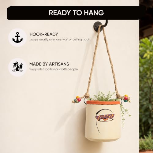 Image of AAKRITI ART CREATIONS Terracotta Hanging Planter | Handmade Boho Wall Basket Design with Rope, Modern Art, White Matte Finish | Decorative Hanging Pot for Indoor & Outdoor Home Decor