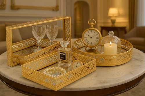 Image of Decorative Mirror Tray for Serving (Rectangular, Square, Round), (Gold) Set of 3 Pcs